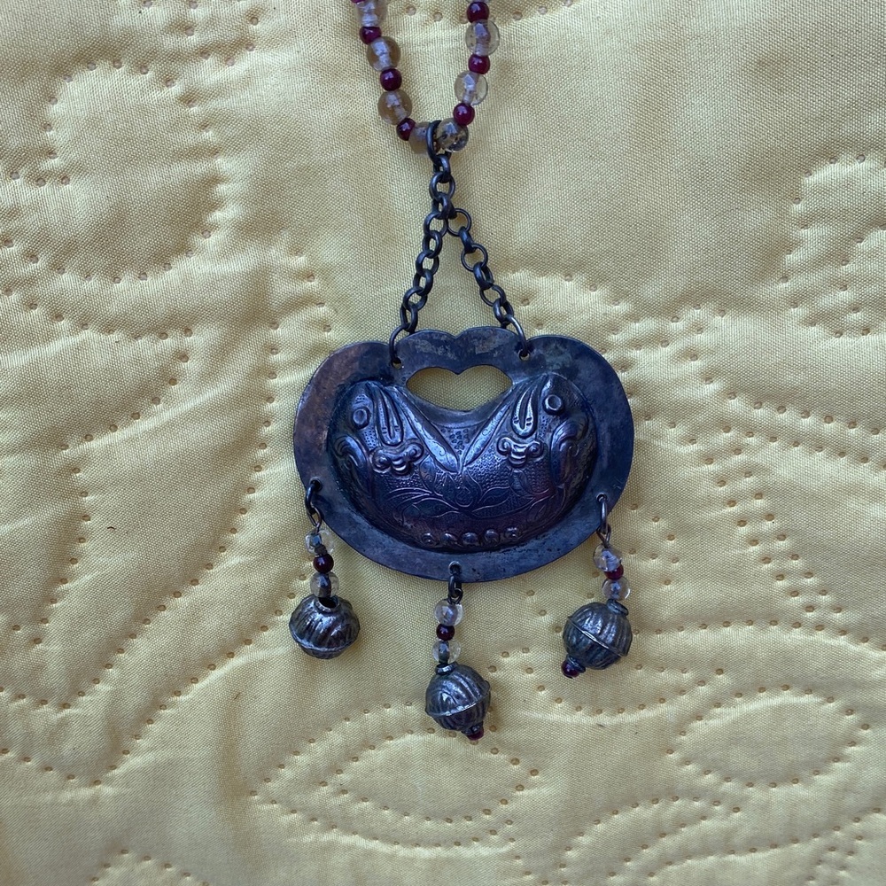 Antique Silver Pendant Necklace with Beaded Accents 30” - Picture 1 of 8